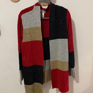 Alfred Dunner Red Black Gray Tan Colorblock Open Cardigan